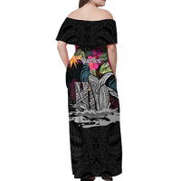 Personalised Hawaii Off Shoulder Maxi Dress Humpback Whale Tattoo With Tropical Flowers Black