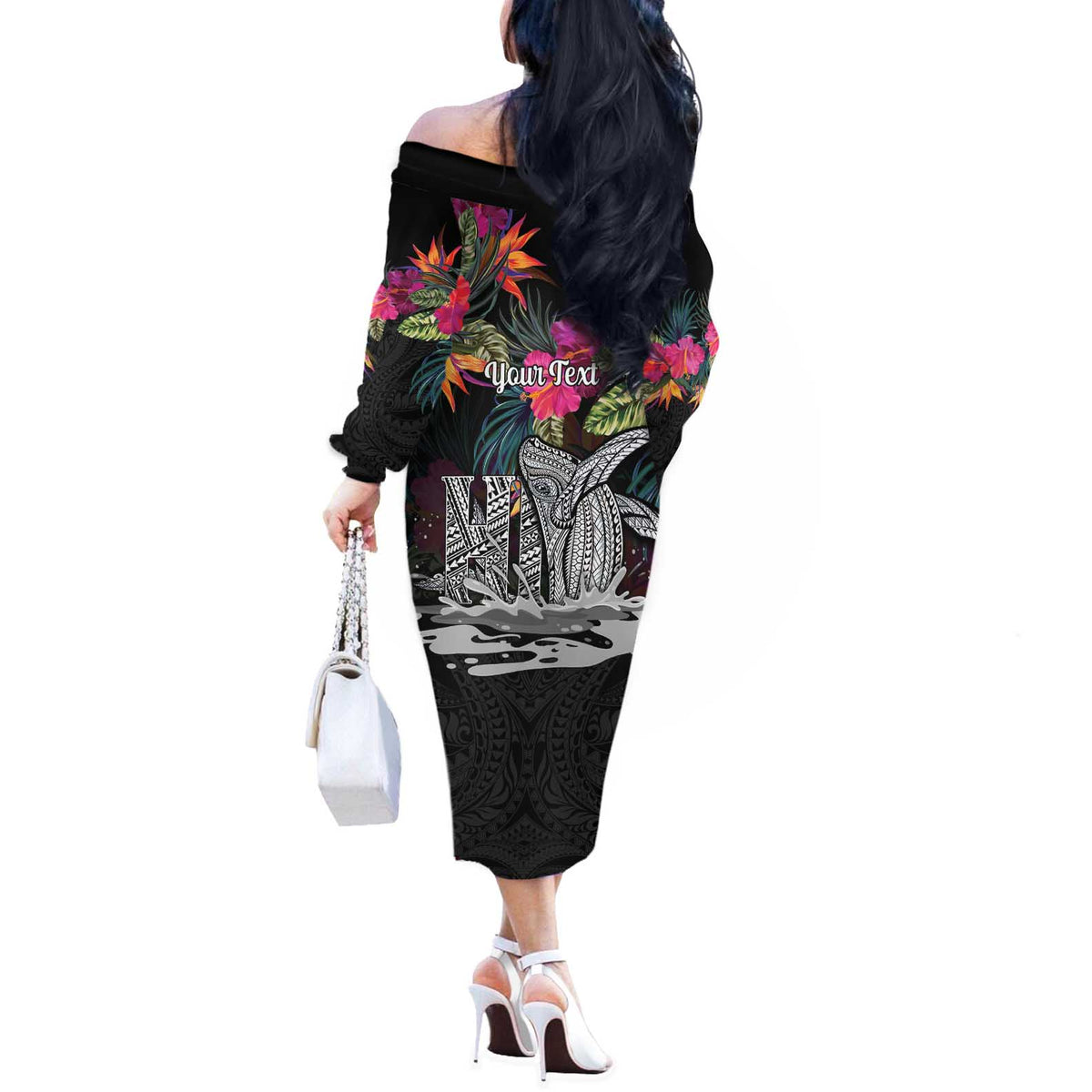 Personalised Hawaii Off The Shoulder Long Sleeve Dress Humpback Whale Tattoo With Tropical Flowers Black LT14 - Polynesian Pride