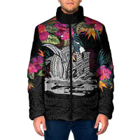 Personalised Hawaii Padded Jacket Humpback Whale Tattoo With Tropical Flowers Black LT14 Men Black - Polynesian Pride