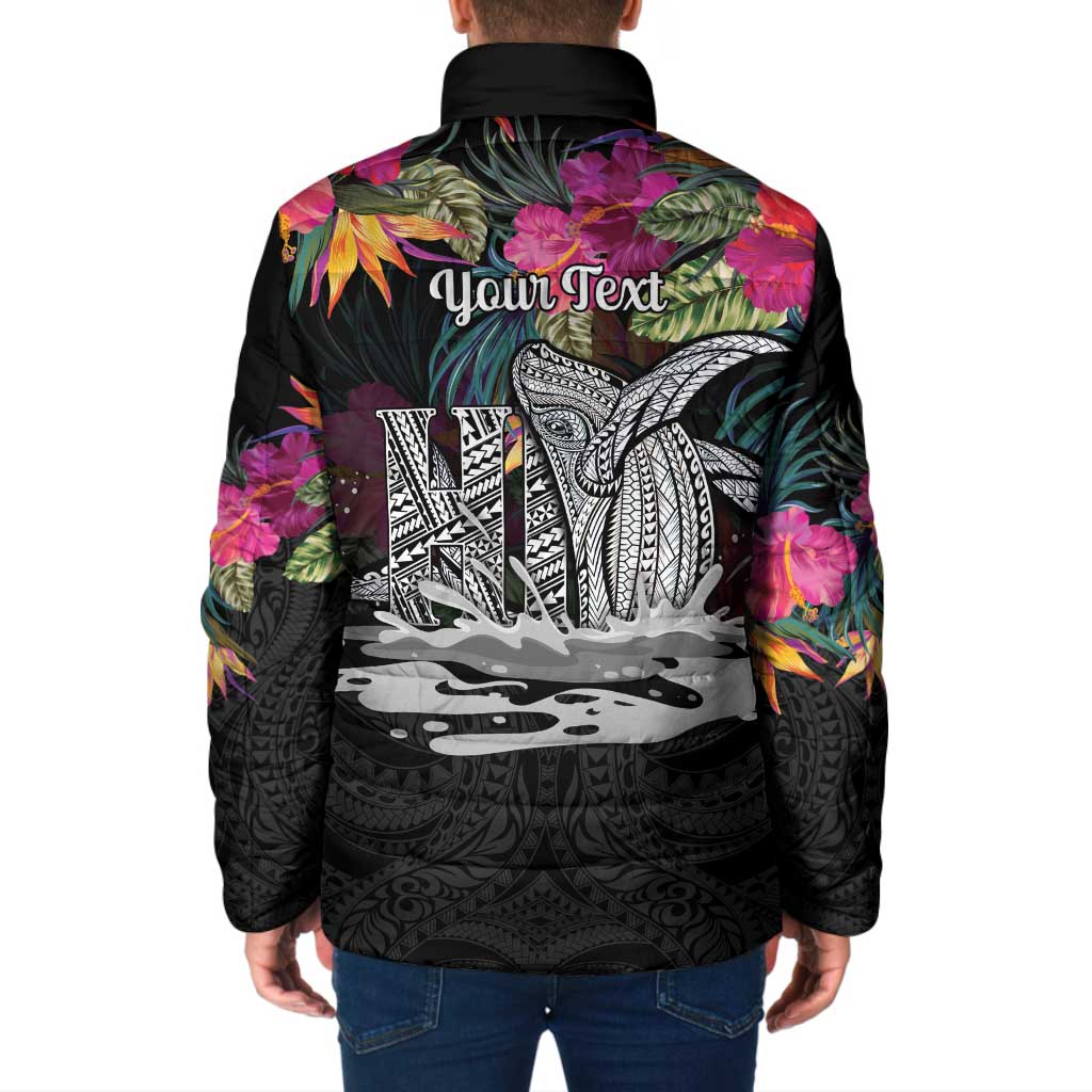 Personalised Hawaii Padded Jacket Humpback Whale Tattoo With Tropical Flowers Black LT14 - Polynesian Pride