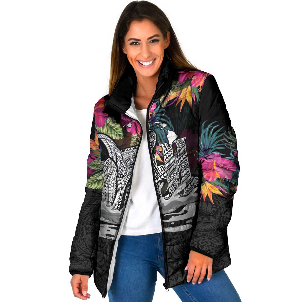 Personalised Hawaii Padded Jacket Humpback Whale Tattoo With Tropical Flowers Black LT14 Women Black - Polynesian Pride
