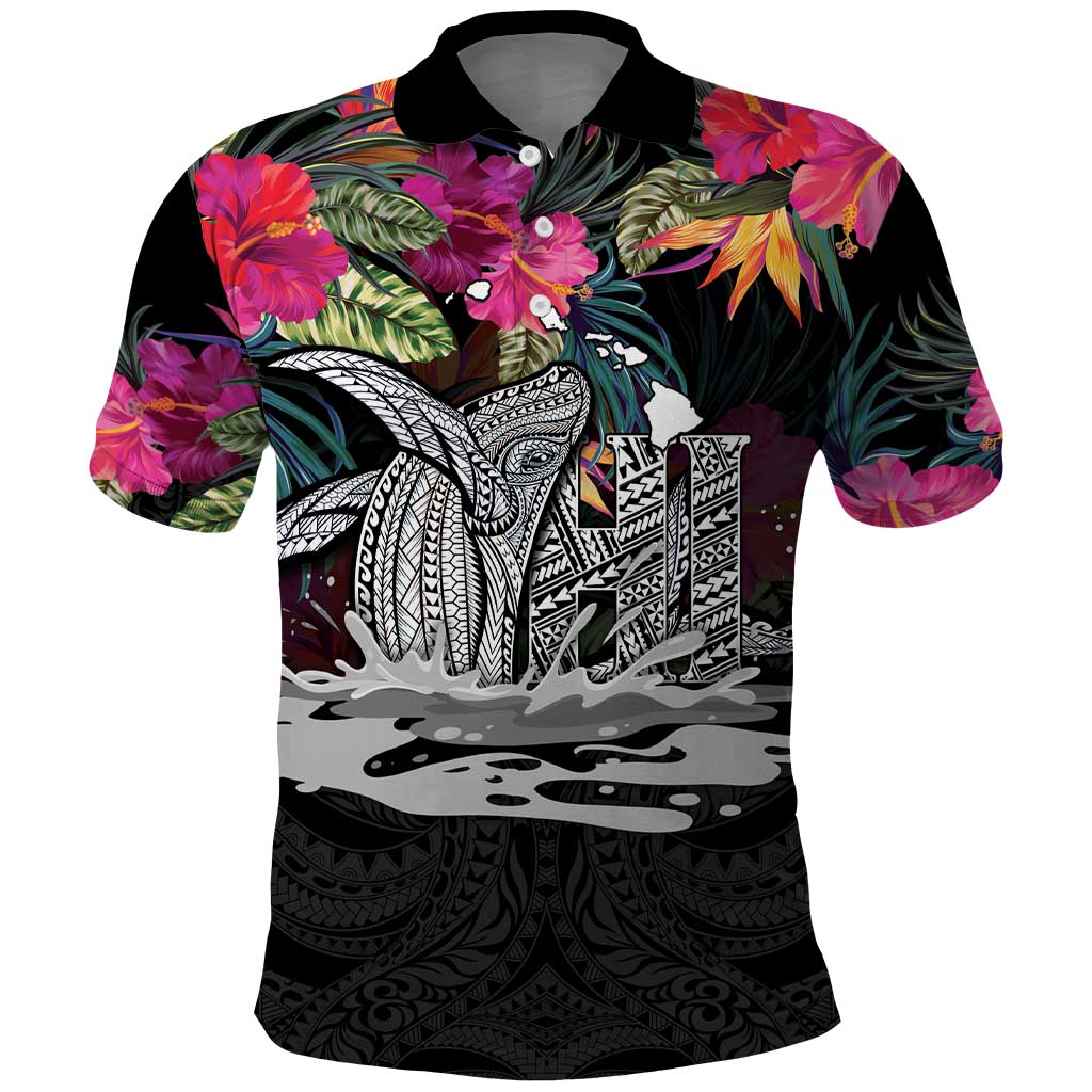 Personalised Hawaii Polo Shirt Humpback Whale Tattoo With Tropical Flowers Black
