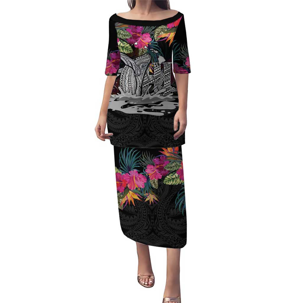 Personalised Hawaii Puletasi Humpback Whale Tattoo With Tropical Flowers Black