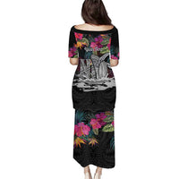 Personalised Hawaii Puletasi Humpback Whale Tattoo With Tropical Flowers Black