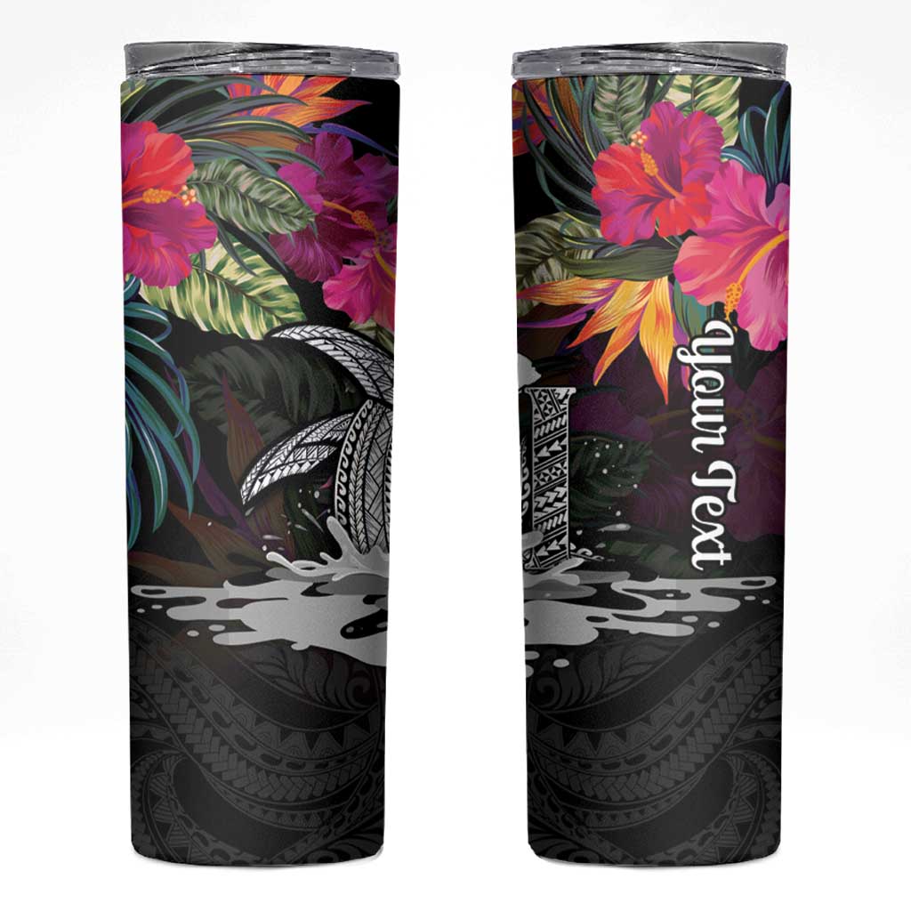 Personalised Hawaii Skinny Tumbler Humpback Whale Tattoo With Tropical Flowers Black LT14 Black - Polynesian Pride