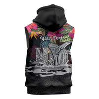 Personalised Hawaii Sleeveless Hoodie Humpback Whale Tattoo With Tropical Flowers Black LT14 - Polynesian Pride