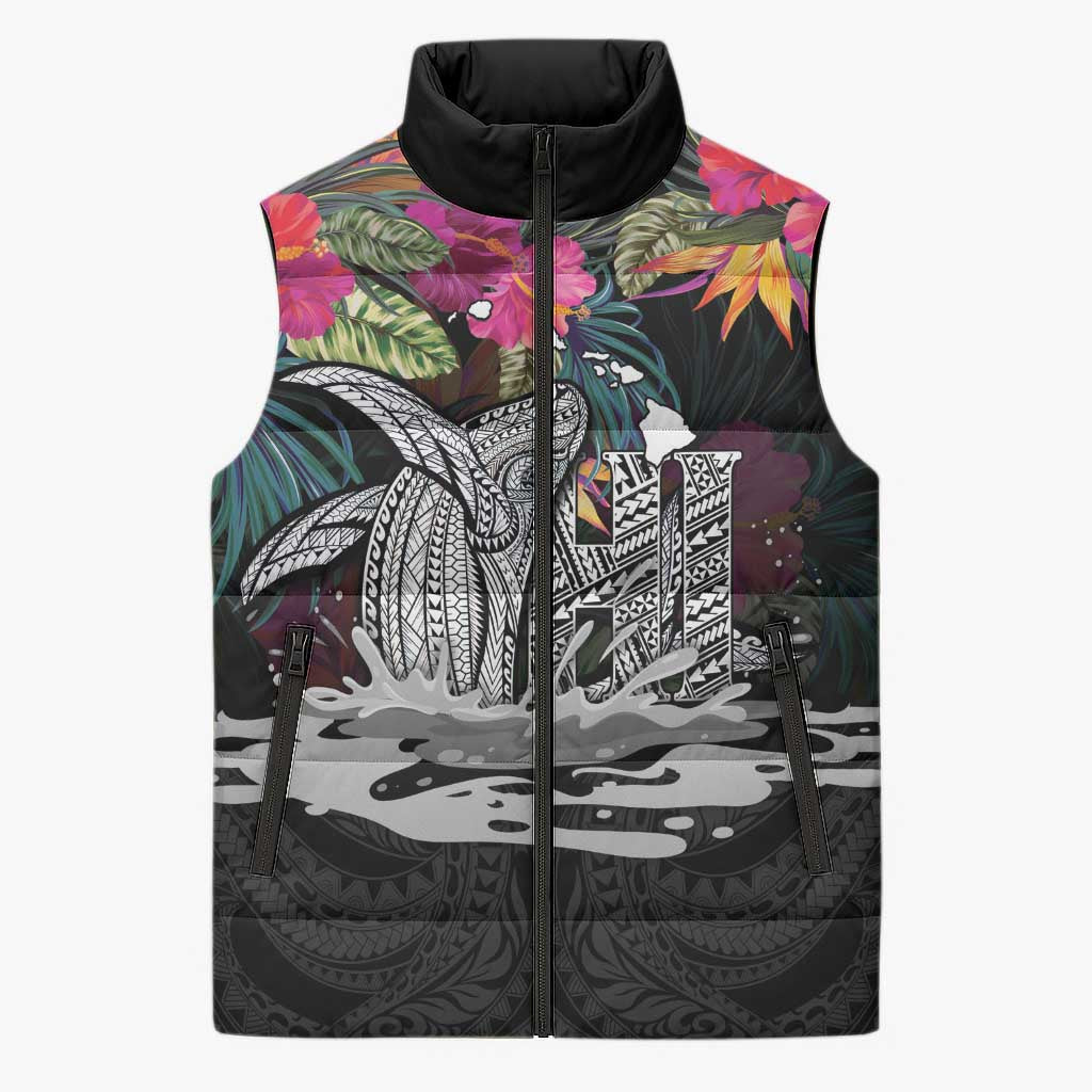 Personalised Hawaii Sleeveless Puffer Jacket Humpback Whale Tattoo With Tropical Flowers Black