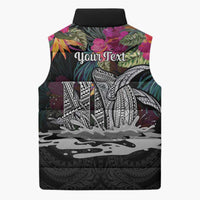 Personalised Hawaii Sleeveless Puffer Jacket Humpback Whale Tattoo With Tropical Flowers Black