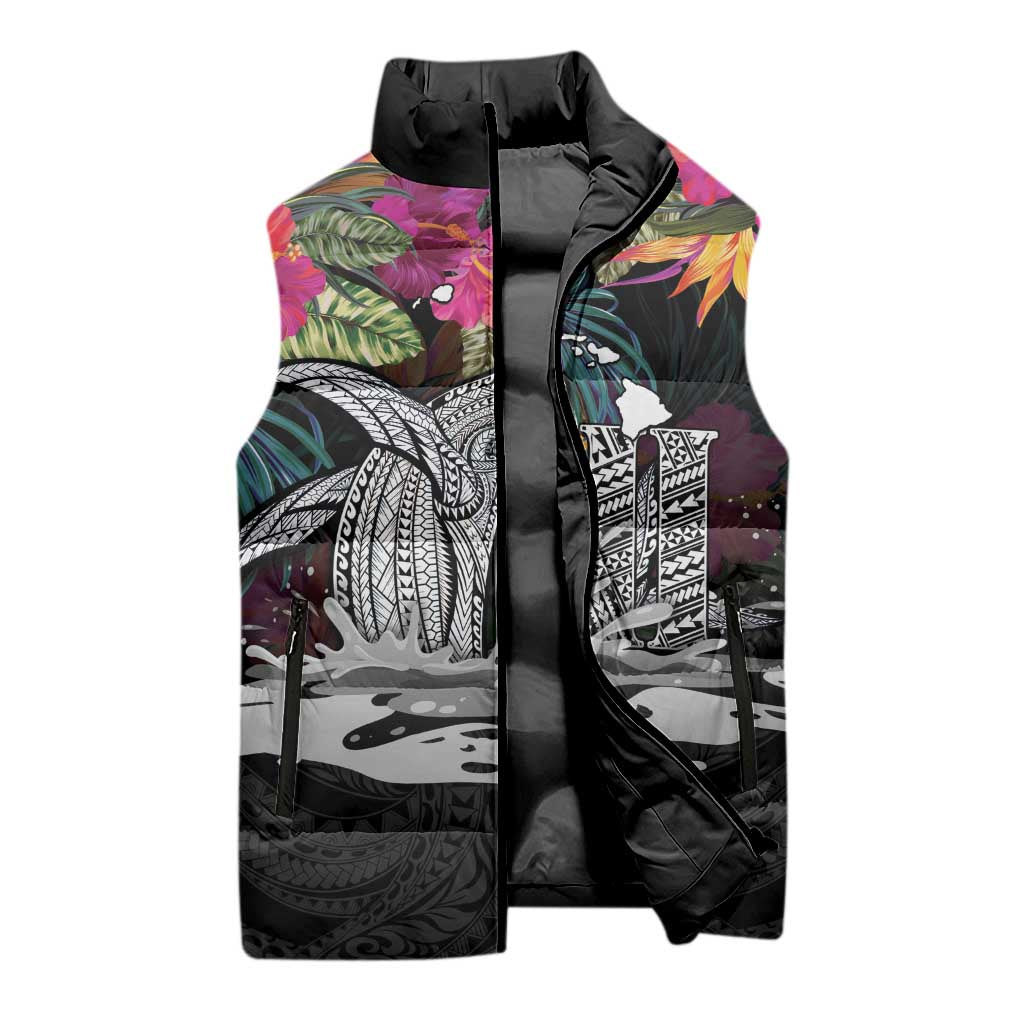 Personalised Hawaii Sleeveless Puffer Jacket Humpback Whale Tattoo With Tropical Flowers Black