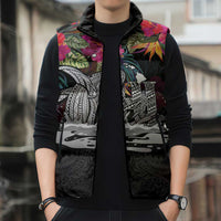 Personalised Hawaii Sleeveless Puffer Jacket Humpback Whale Tattoo With Tropical Flowers Black