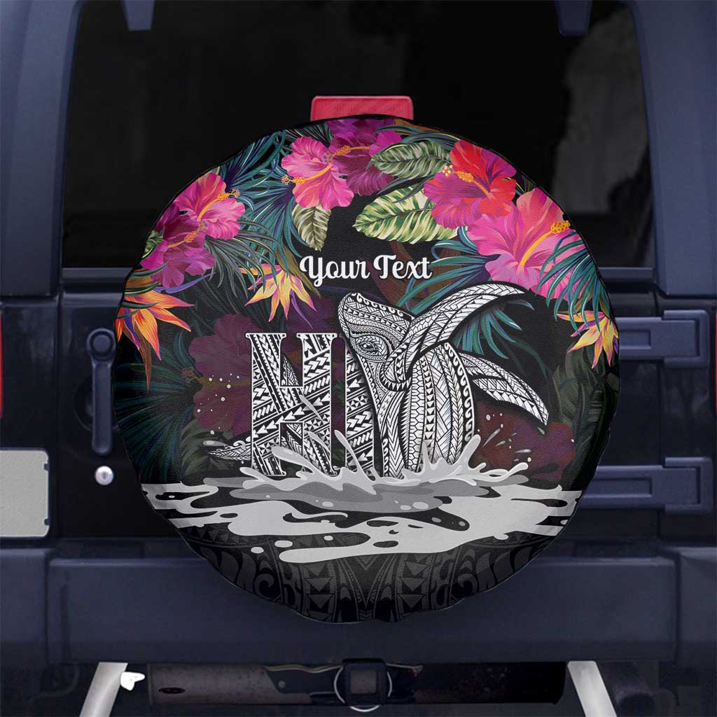 Personalised Hawaii Spare Tire Cover Humpback Whale Tattoo With Tropical Flowers Black