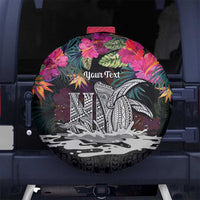 Personalised Hawaii Spare Tire Cover Humpback Whale Tattoo With Tropical Flowers Black