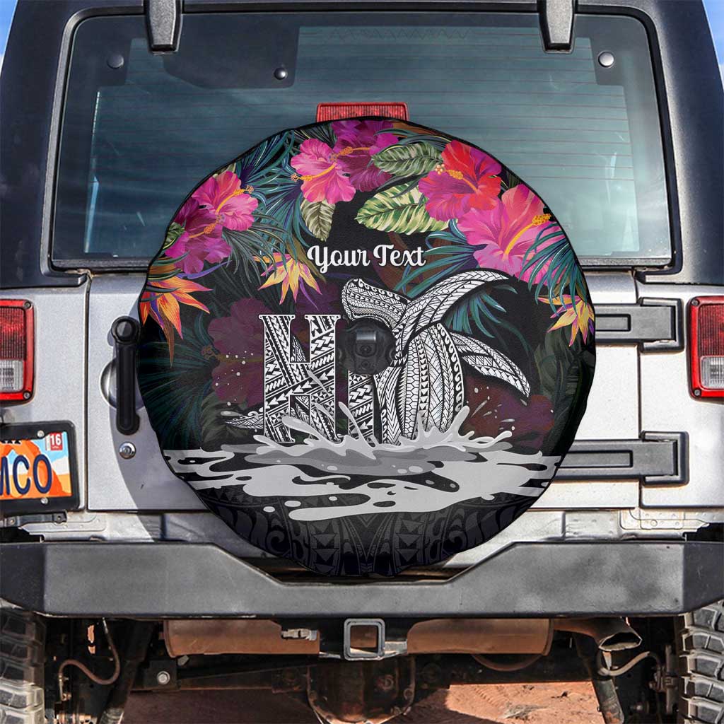 Personalised Hawaii Spare Tire Cover Humpback Whale Tattoo With Tropical Flowers Black