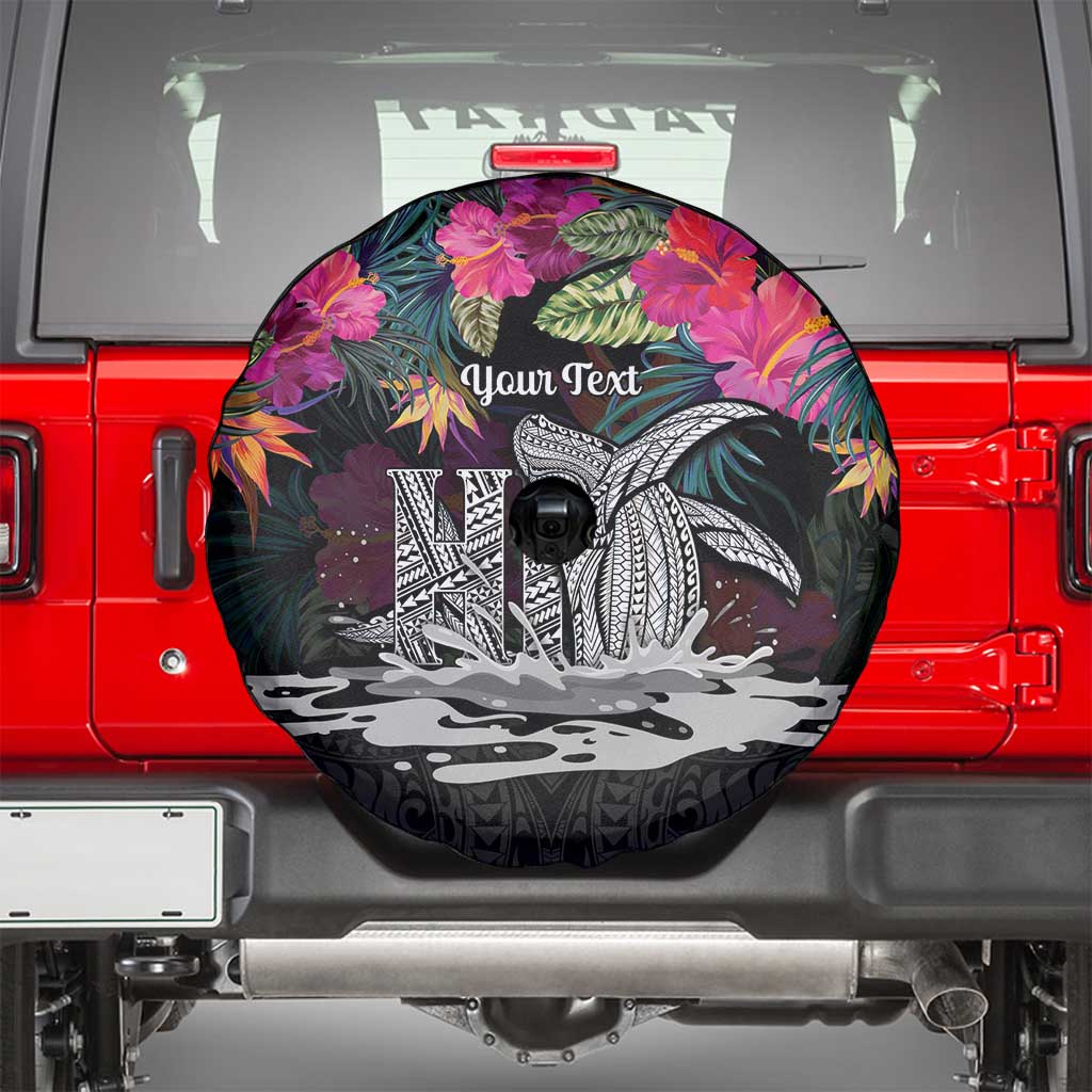 Personalised Hawaii Spare Tire Cover Humpback Whale Tattoo With Tropical Flowers Black