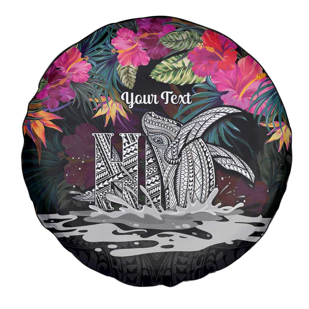 Personalised Hawaii Spare Tire Cover Humpback Whale Tattoo With Tropical Flowers Black