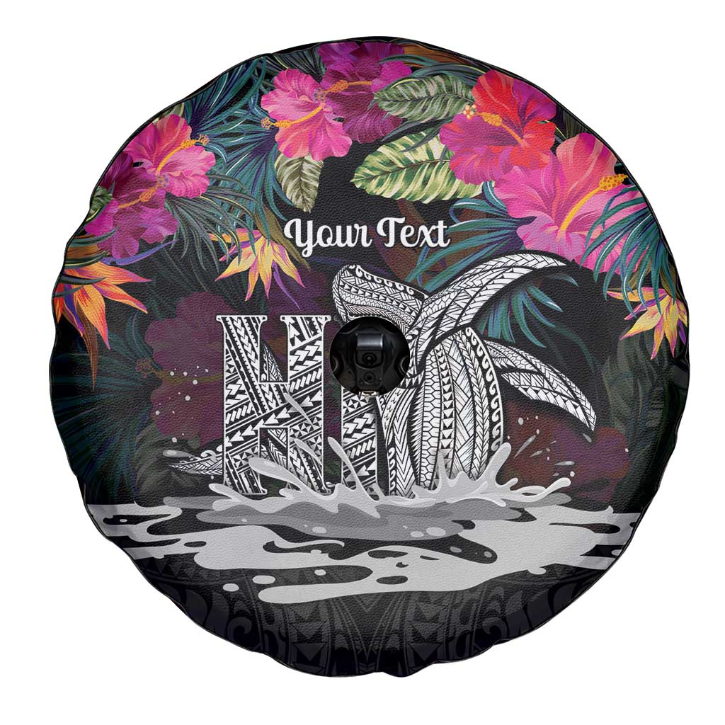 Personalised Hawaii Spare Tire Cover Humpback Whale Tattoo With Tropical Flowers Black