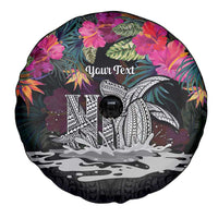 Personalised Hawaii Spare Tire Cover Humpback Whale Tattoo With Tropical Flowers Black