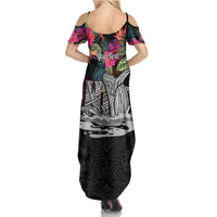 Personalised Hawaii Summer Maxi Dress Humpback Whale Tattoo With Tropical Flowers Black LT14 - Polynesian Pride