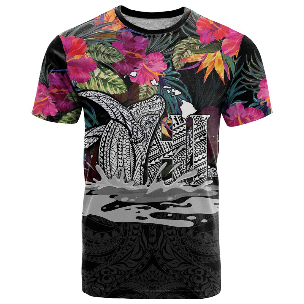 Personalised Hawaii T Shirt Humpback Whale Tattoo With Tropical Flowers Black