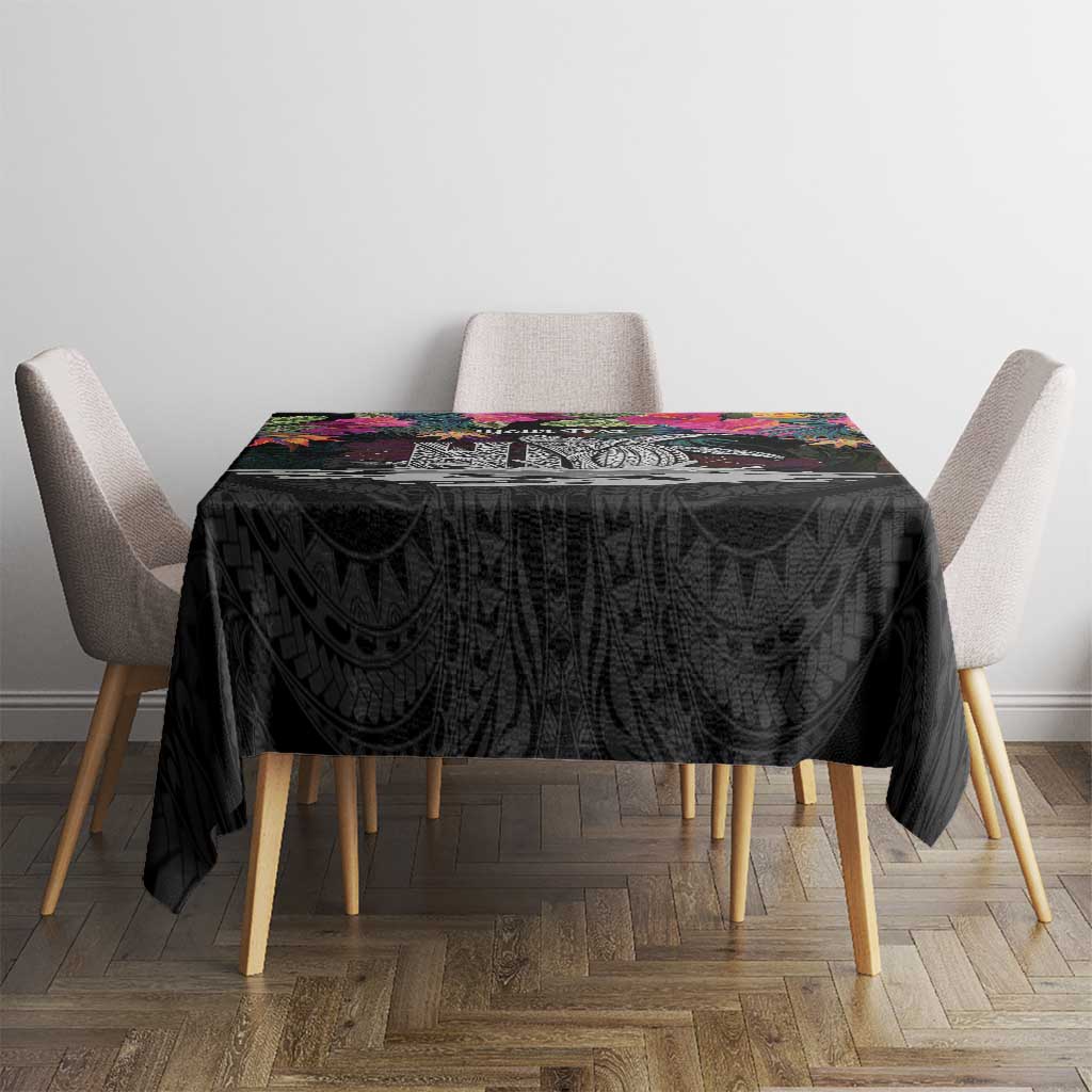 Personalised Hawaii Tablecloth Humpback Whale Tattoo With Tropical Flowers Black LT14 - Polynesian Pride