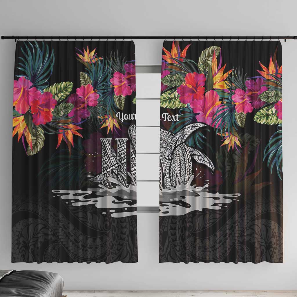 Personalised Hawaii Window Curtain Humpback Whale Tattoo With Tropical Flowers Black