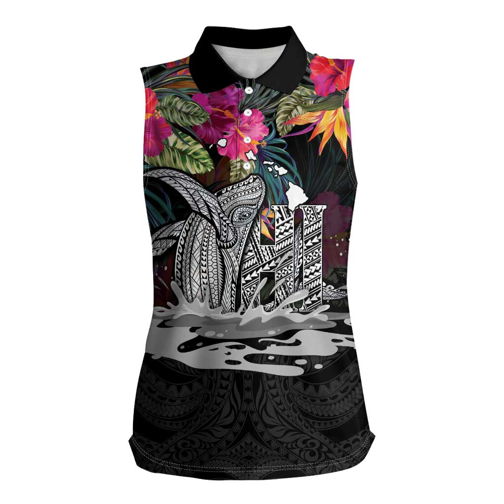 Personalised Hawaii Women Sleeveless Polo Shirt Humpback Whale Tattoo With Tropical Flowers Black