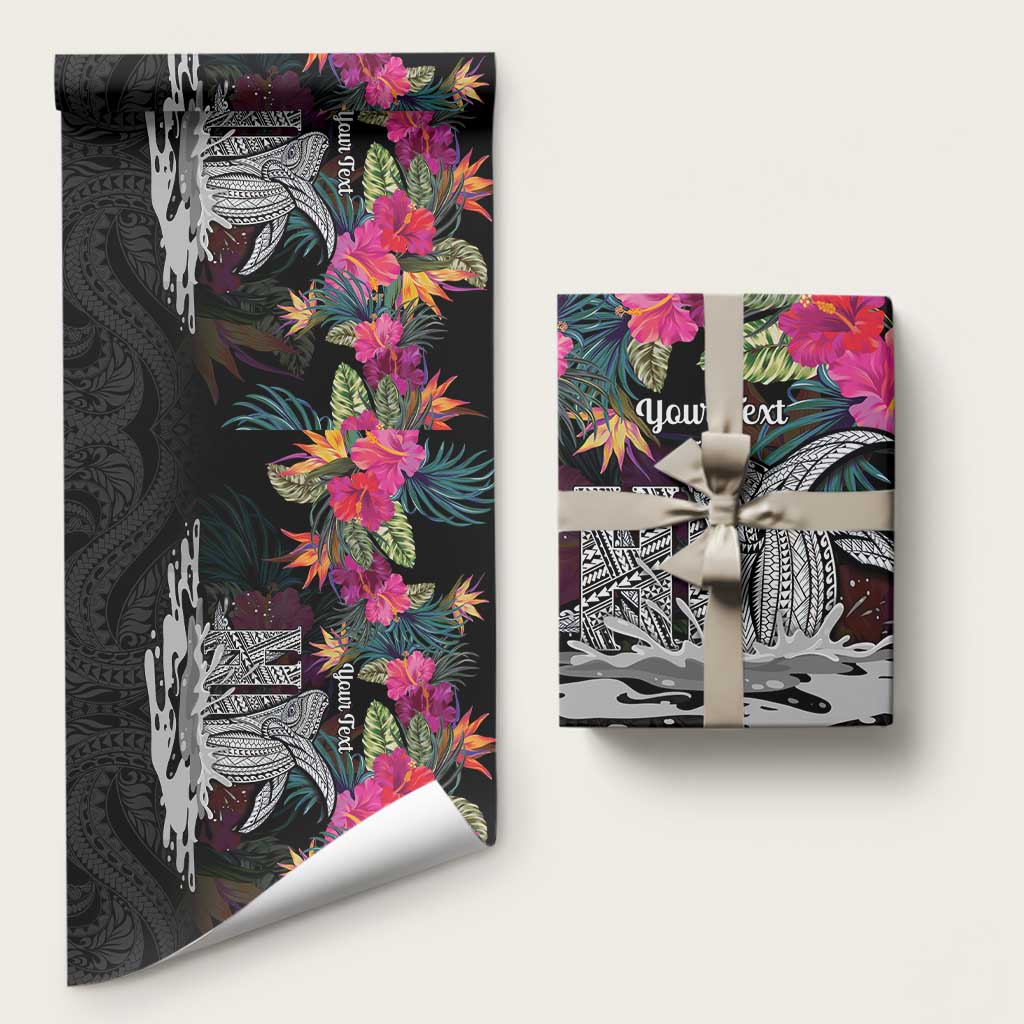 Personalised Hawaii Wrapping Paper Humpback Whale Tattoo With Tropical Flowers Black LT14 58" × 23" Black - Polynesian Pride