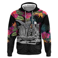 Personalised Hawaii Zip Hoodie Humpback Whale Tattoo With Tropical Flowers Black