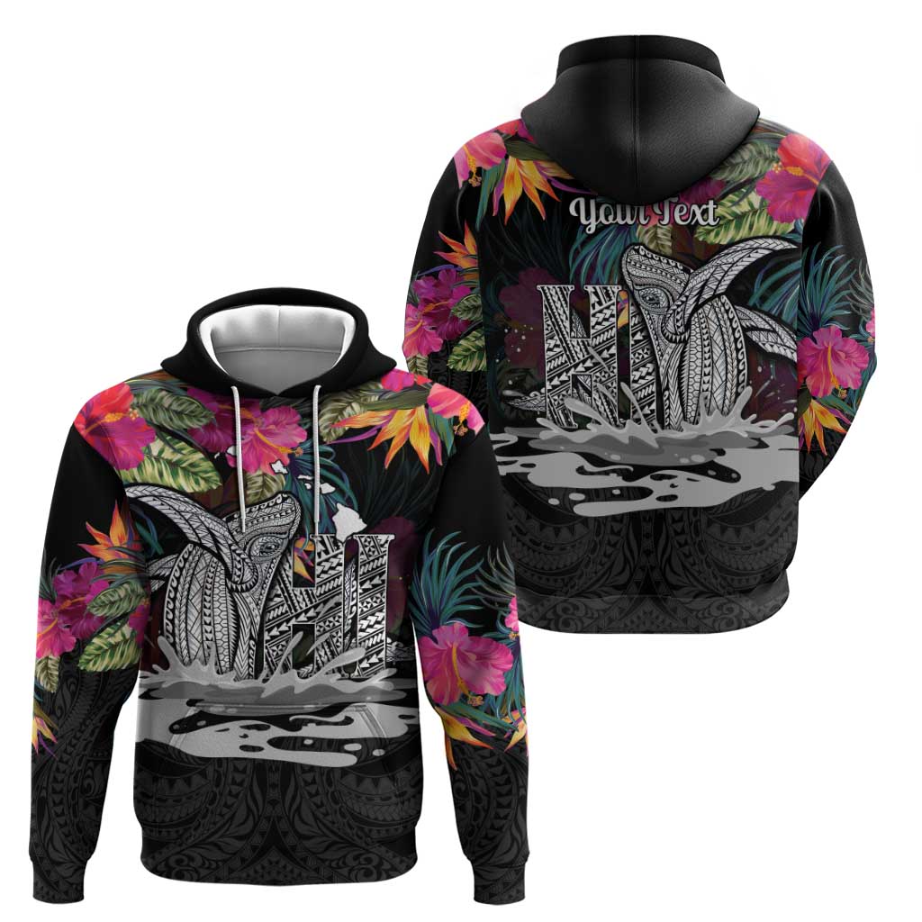Personalised Hawaii Zip Hoodie Humpback Whale Tattoo With Tropical Flowers Black