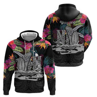 Personalised Hawaii Zip Hoodie Humpback Whale Tattoo With Tropical Flowers Black
