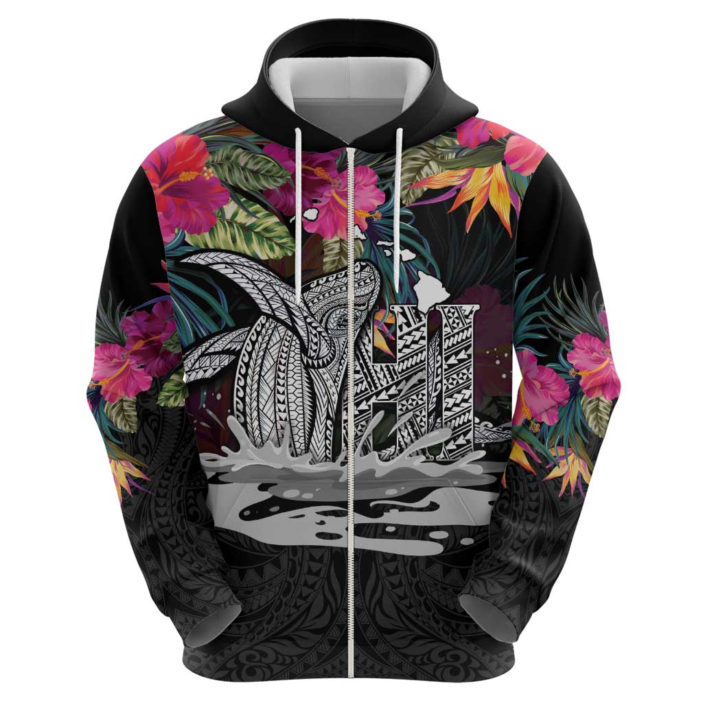 Personalised Hawaii Zip Hoodie Humpback Whale Tattoo With Tropical Flowers Black