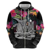 Personalised Hawaii Zip Hoodie Humpback Whale Tattoo With Tropical Flowers Black
