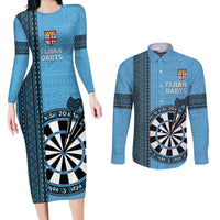 Personalised Fiji Darts Couples Matching Long Sleeve Bodycon Dress and Long Sleeve Button Shirt Fijian Tapa Pattern - Blue