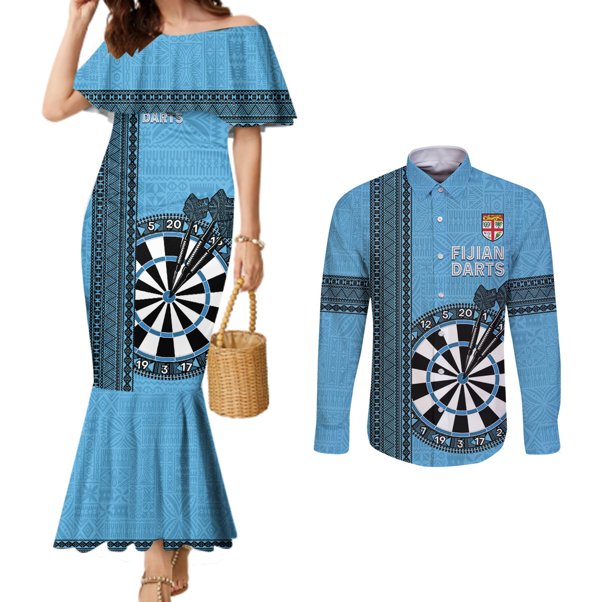 Personalised Fiji Darts Couples Matching Mermaid Dress and Long Sleeve Button Shirt Fijian Tapa Pattern - Blue