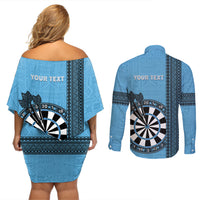 Personalised Fiji Darts Couples Matching Off Shoulder Short Dress and Long Sleeve Button Shirt Fijian Tapa Pattern - Blue