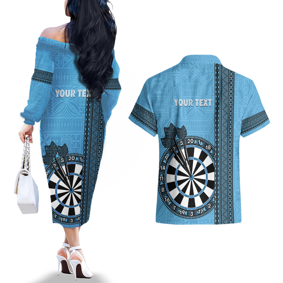 Personalised Fiji Darts Couples Matching Off The Shoulder Long Sleeve Dress and Hawaiian Shirt Fijian Tapa Pattern - Blue