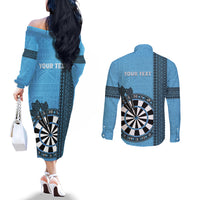 Personalised Fiji Darts Couples Matching Off The Shoulder Long Sleeve Dress and Long Sleeve Button Shirt Fijian Tapa Pattern - Blue
