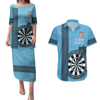 Personalised Fiji Darts Couples Matching Puletasi and Hawaiian Shirt Fijian Tapa Pattern - Blue