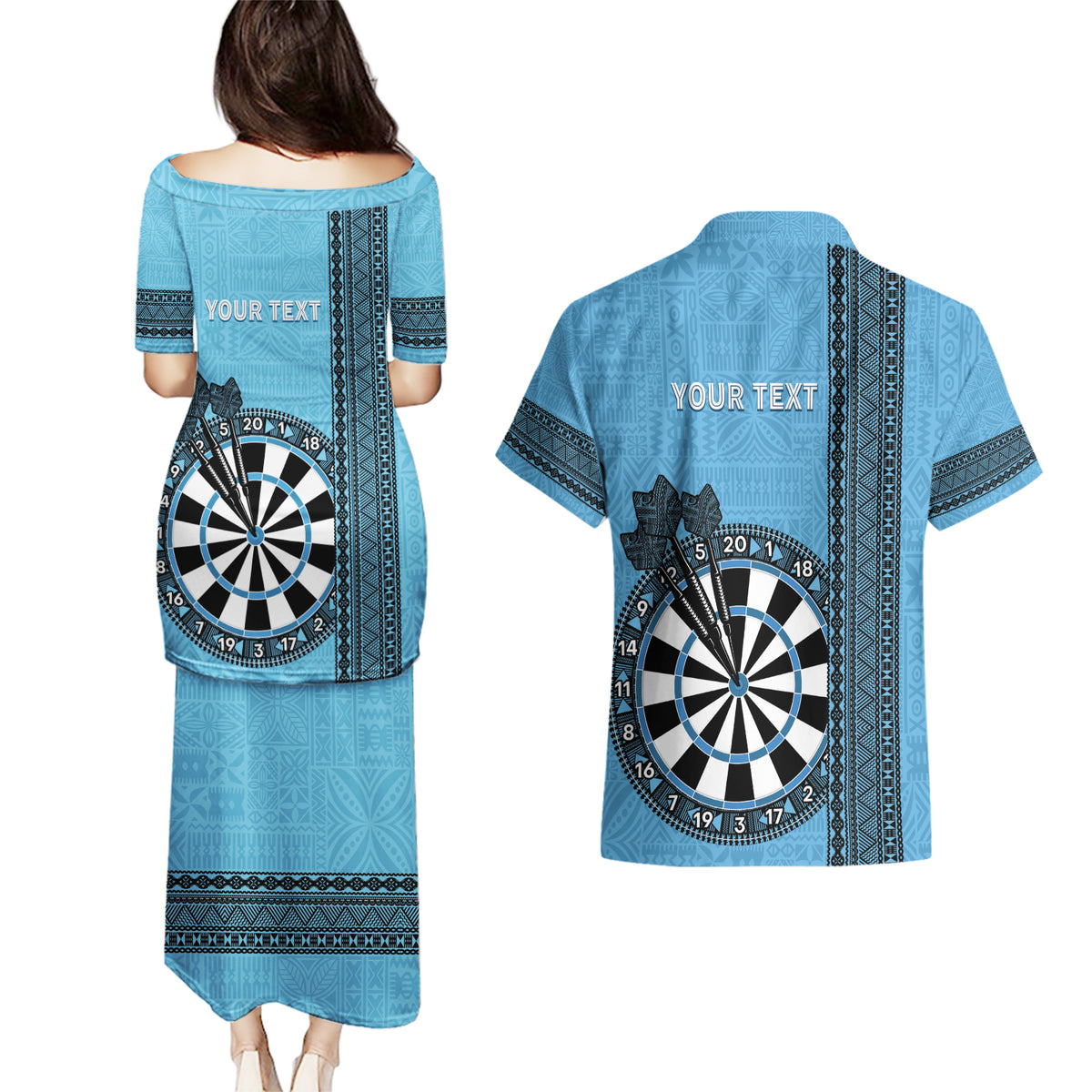 Personalised Fiji Darts Couples Matching Puletasi and Hawaiian Shirt Fijian Tapa Pattern - Blue