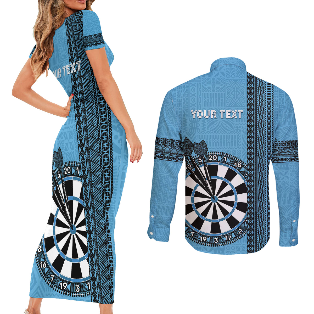 Personalised Fiji Darts Couples Matching Short Sleeve Bodycon Dress and Long Sleeve Button Shirt Fijian Tapa Pattern - Blue