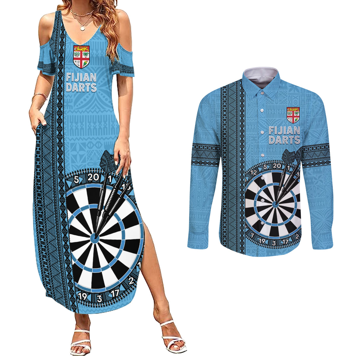 Personalised Fiji Darts Couples Matching Summer Maxi Dress and Long Sleeve Button Shirt Fijian Tapa Pattern - Blue