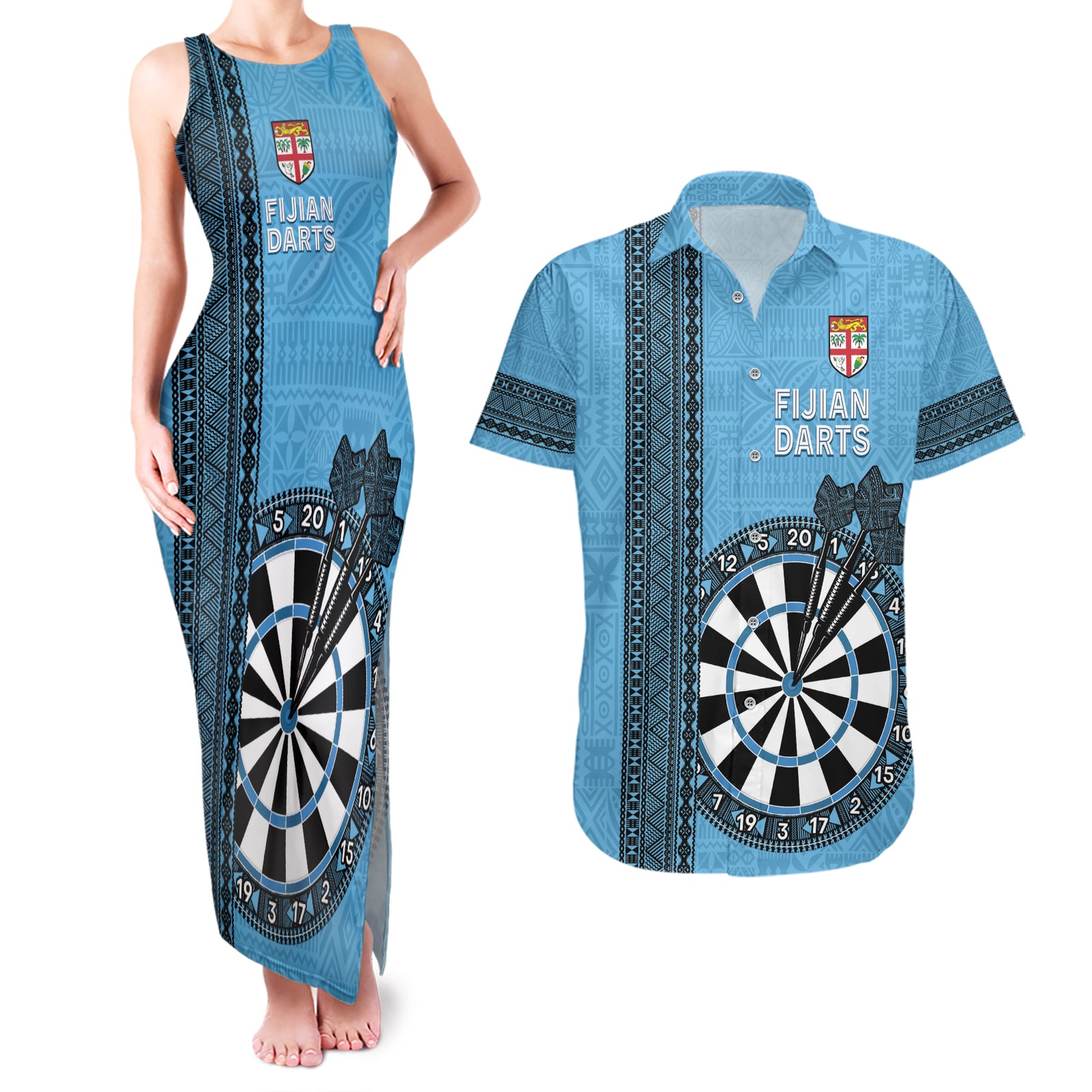 Personalised Fiji Darts Couples Matching Tank Maxi Dress and Hawaiian Shirt Fijian Tapa Pattern - Blue