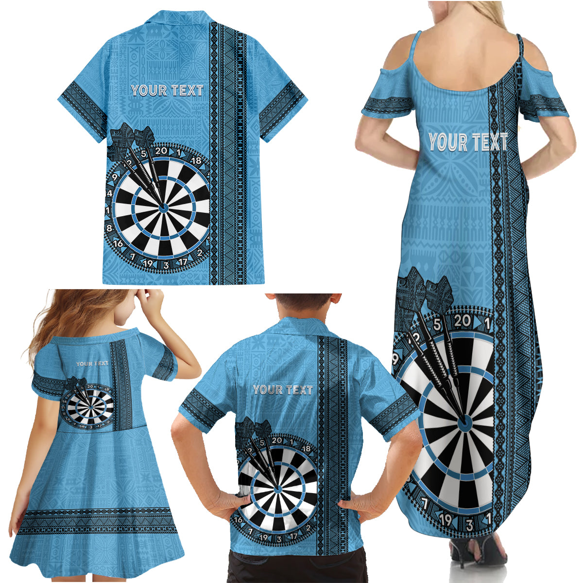 Personalised Fiji Darts Family Matching Summer Maxi Dress and Hawaiian Shirt Fijian Tapa Pattern - Blue