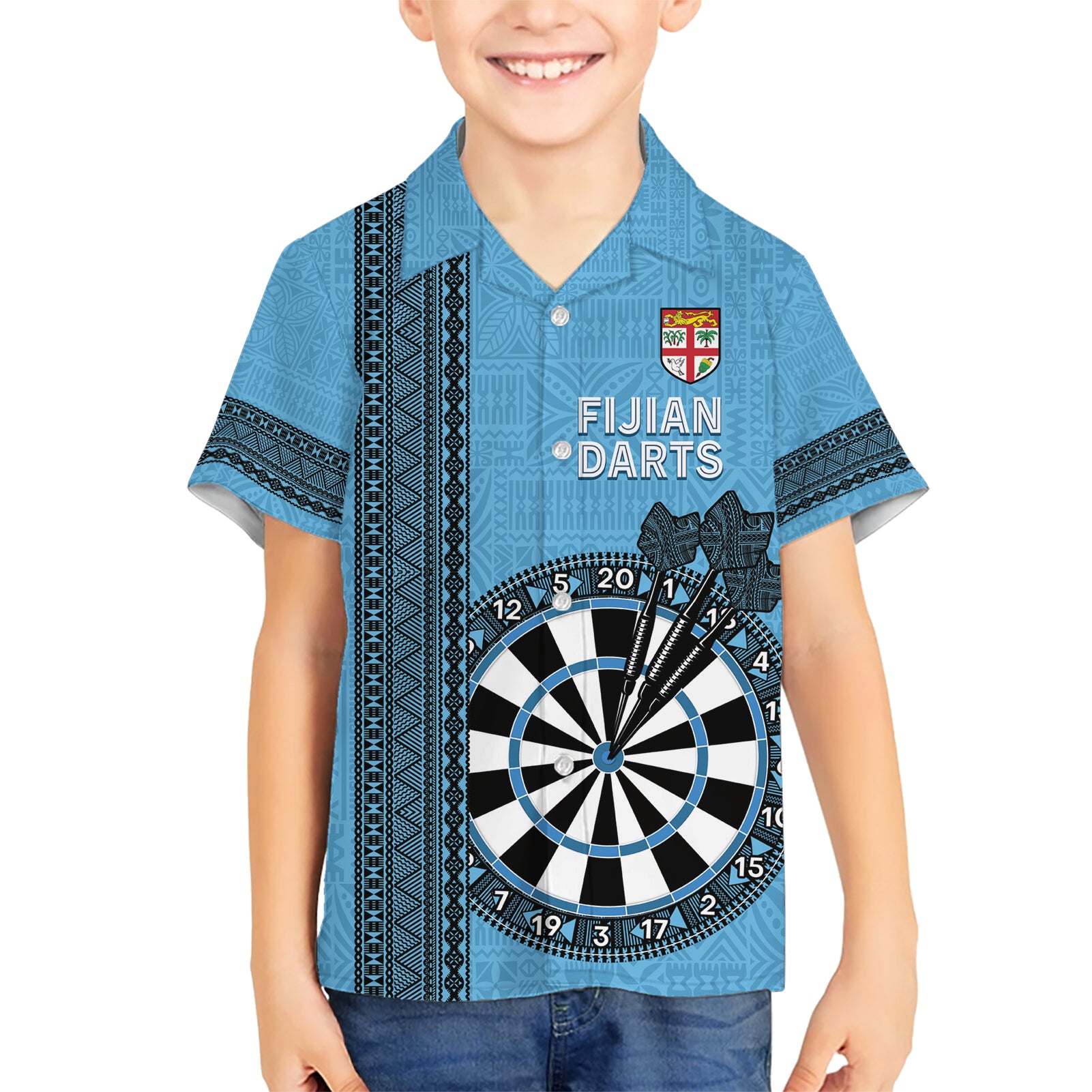 Personalised Fiji Darts Kid Hawaiian Shirt Fijian Tapa Pattern - Blue