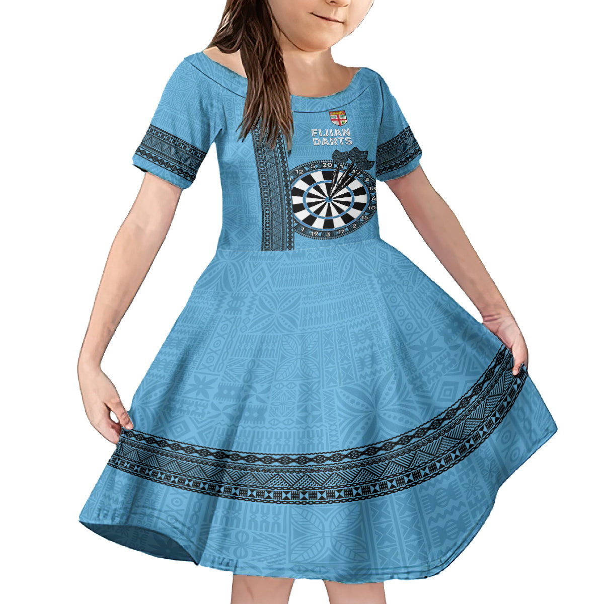 Personalised Fiji Darts Kid Short Sleeve Dress Fijian Tapa Pattern - Blue