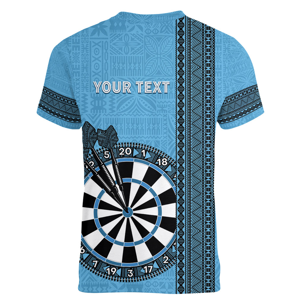 Personalised Fiji Darts Women V-Neck T-Shirt Fijian Tapa Pattern - Blue