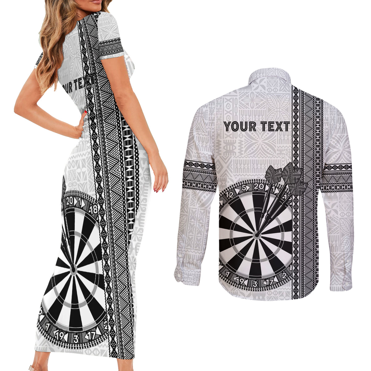 Personalised Fiji Darts Couples Matching Short Sleeve Bodycon Dress and Long Sleeve Button Shirt Fijian Tapa Pattern - White