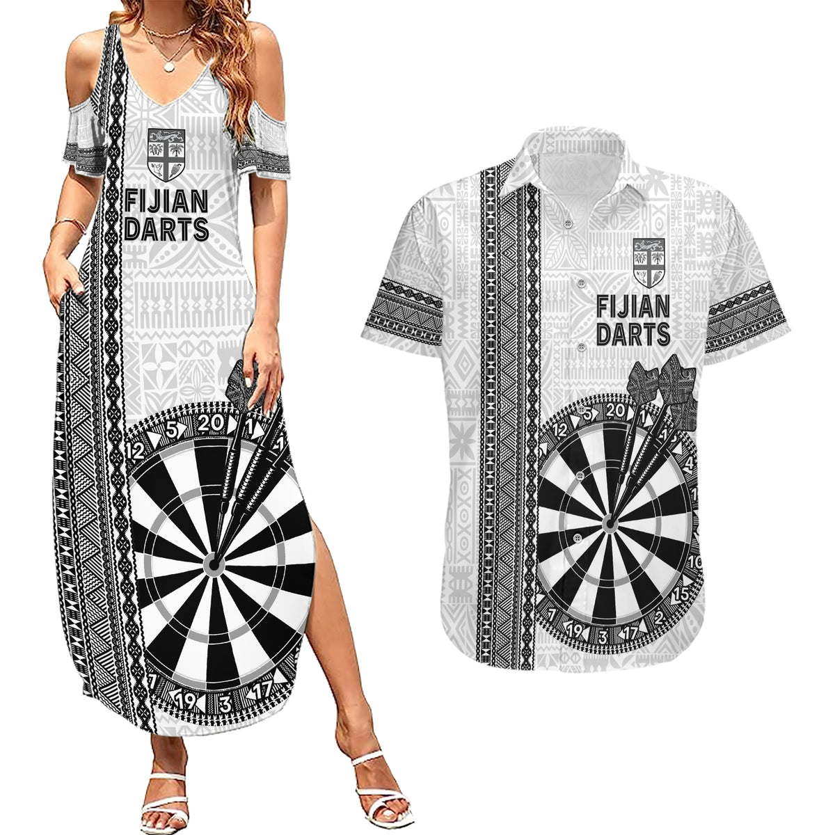 Personalised Fiji Darts Couples Matching Summer Maxi Dress and Hawaiian Shirt Fijian Tapa Pattern - White