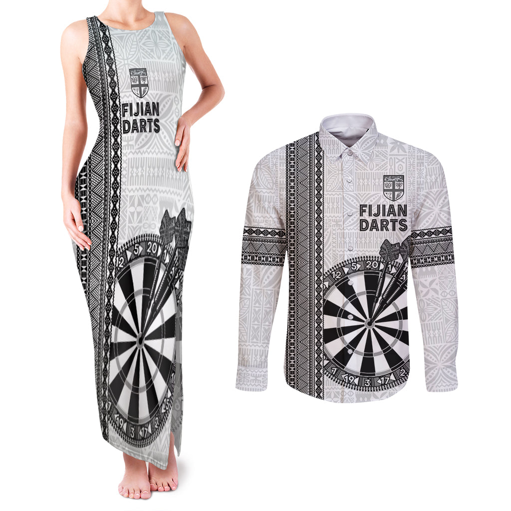 Personalised Fiji Darts Couples Matching Tank Maxi Dress and Long Sleeve Button Shirt Fijian Tapa Pattern - White