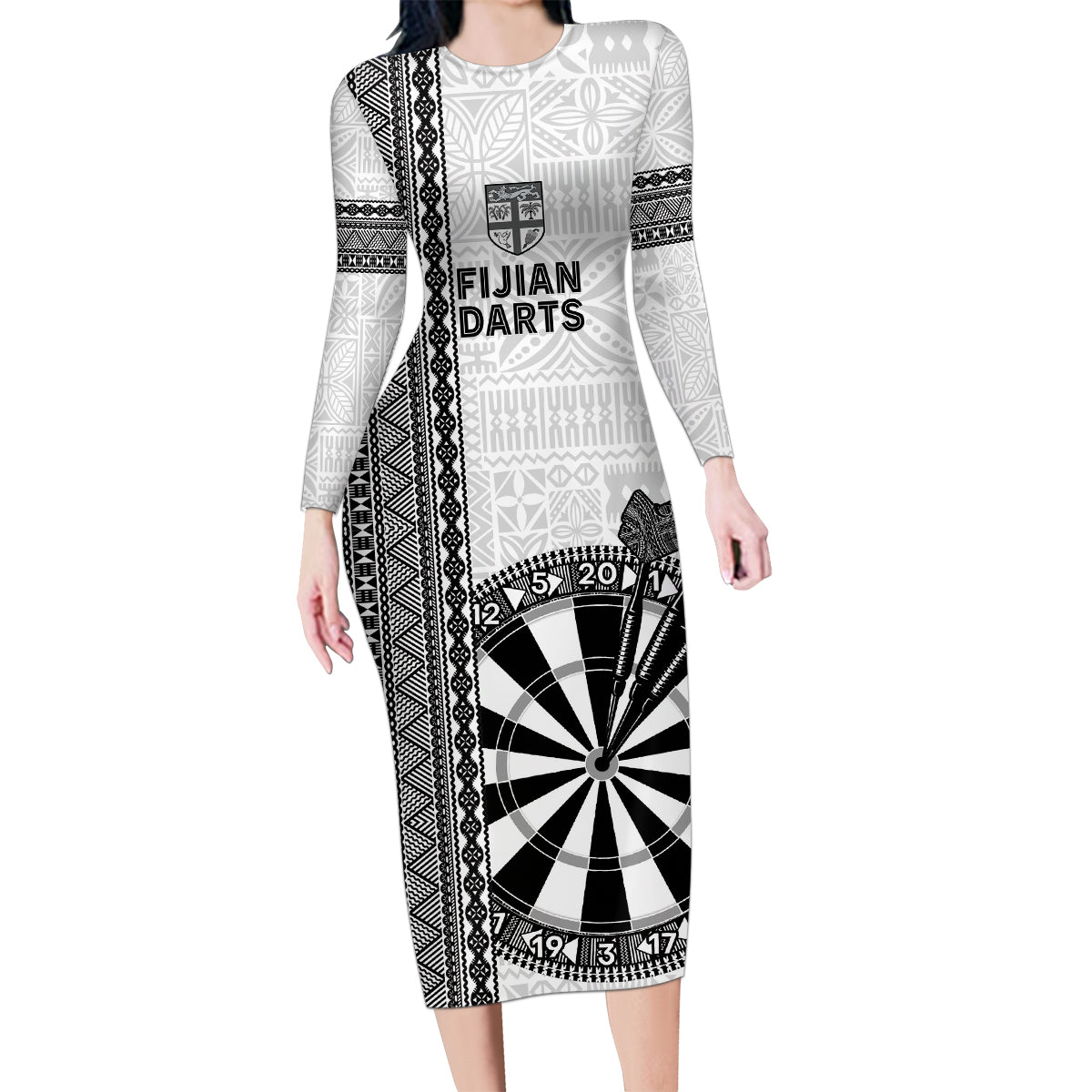 Personalised Fiji Darts Family Matching Long Sleeve Bodycon Dress and Hawaiian Shirt Fijian Tapa Pattern - White